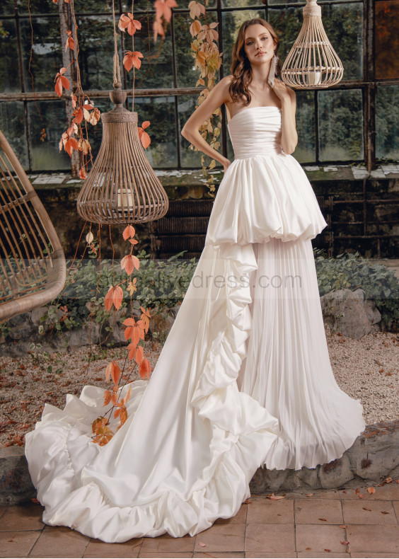 Strapless Ivory Pleated Satin Unique Wedding Dress Strapless Ivory Pleated Satin Unique Wedding Dress